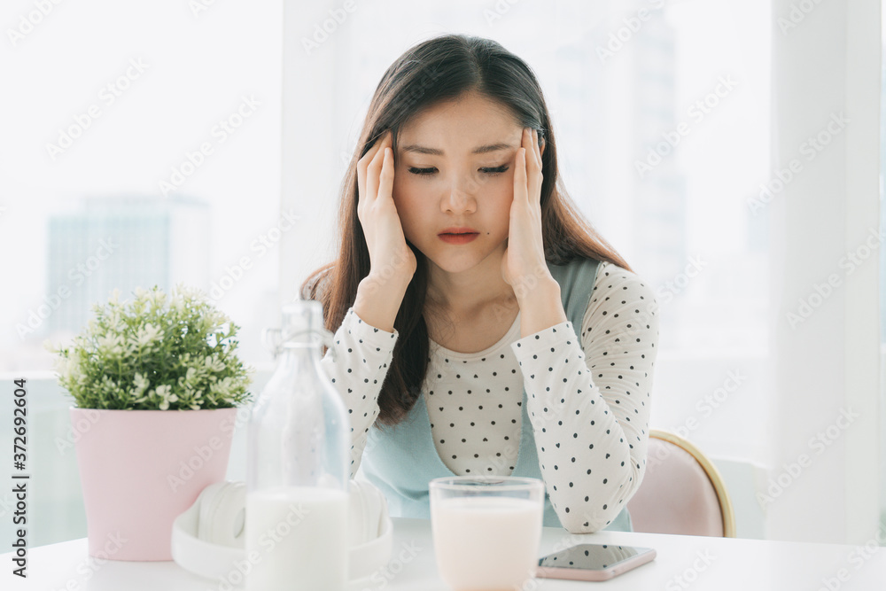 Young beautiful pregnant asian thai woman feel depression and headache at home after breakfast. Young beautiful pregnant asian thai woman feel depression and headache at home after breakfast.