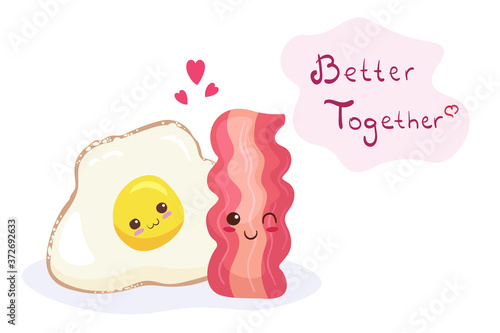 Fried egg & bacon vector characters with hand drawn lettering on white. Cute cartoon breakfast concept. Kawaii style happy smiling food mascot. Adorable poster, menu decoration, printing design.