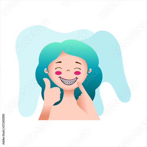 Cute girl smiling and showing braces, illustration of a girl with braces, even teeth and a wide smile, teeth drawn in the background, flat design, hand drawing, turquoise-green hair, smile and braces