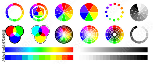 Color wheel types Spectrum schemes: red green blue ( rgb ) and cyan magenta yellow Black ( cmyk ) Vector colors wheels sign  Samples circle gradients 
 charts