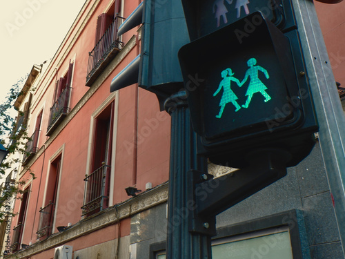 Gay friendly traffic light  go  outside on the street. Road sign for equality in Chueca lgbt district of Madrid  Spain. Conceptual for human rights