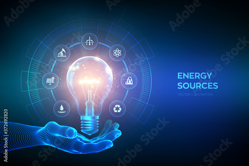 Glowing light bulb with energy resources icons in hand. Electricity and energy saving concept. Energy sources. Campaigning for ecological friendly and sustainable environment. Vector illustration.