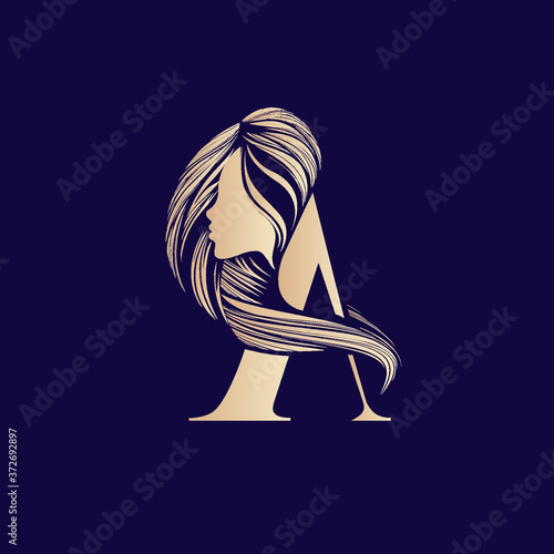 Letter A and woman portrait silhouette.Decorative lettering logo.Beauty, hairstyle, cosmetics and spa icon.Uppercase alphabet initial isolated on dark background.Long, wavy hair.Golden color.