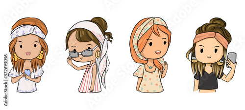 cute girls character illustration wearing hairband or bandanna in casual summer dress 