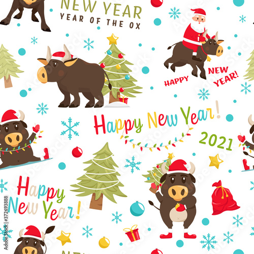 Santa Bull Seamless Pattern photo