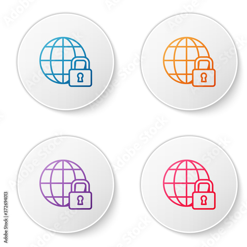 Color line Global lockdown - locked globe icon isolated on white background. Set icons in circle buttons. Vector.