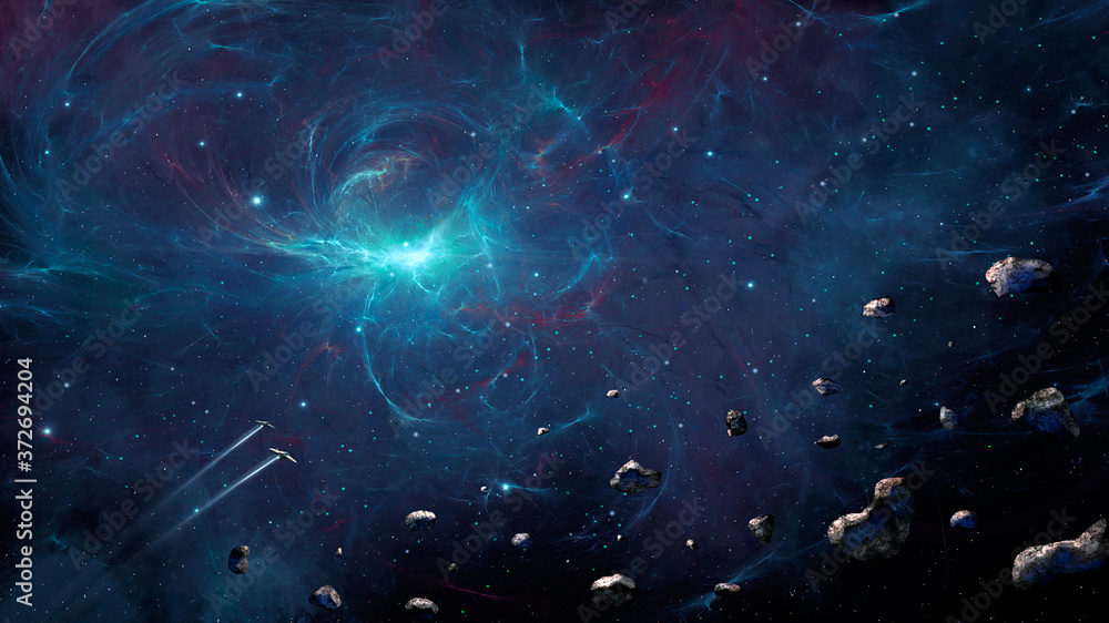 Space background. Spaceship fly through colorful nebula with asteroid. Elements furnished by NASA. 3D rendering