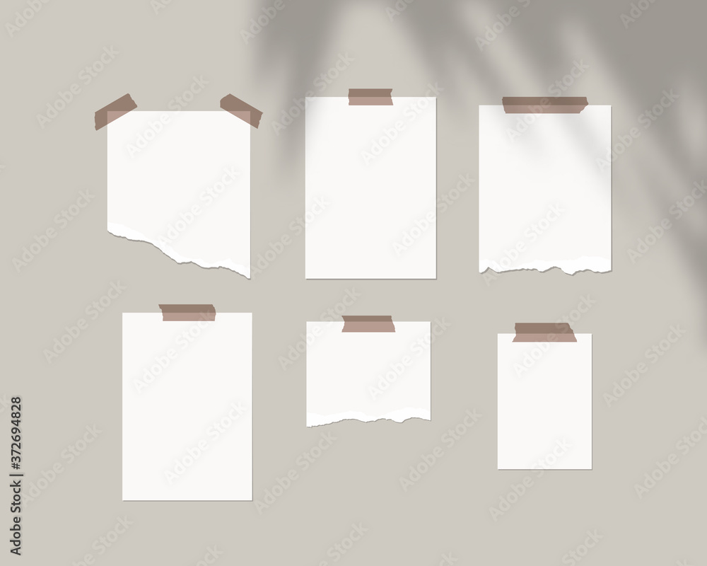 Mood board mockup template. Empty sheets of white paper on the wall with shadow overlay. Mockup vector isolated. Template design. Realistic vector illustration. Mood board mockup template. Empty sheets of white paper on the wall with shadow overlay. Mockup vector isolated. Template design. Realistic vector illustration.
