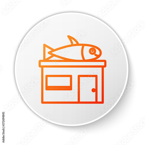 Orange line Seafood store icon isolated on white background. Facade of seafood market. White circle button. Vector..
