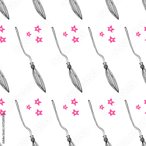 Witch broom vector seamless pattern. Witchy background for halloween design. Magic and witchcraft concept. EPS 8.