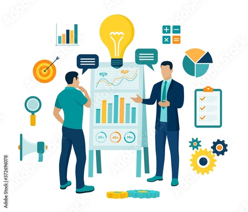 Coaching and mentoring concept. Business advise or consultation service. Businessman with personal mentor and business trainer discussing business strategy. Training courses. Vector illustration. photo