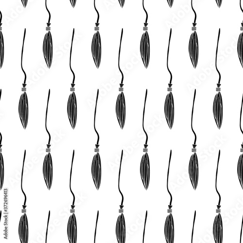 Witch broom vector seamless pattern. Witchy background for halloween design. Magic and witchcraft concept. EPS 8.