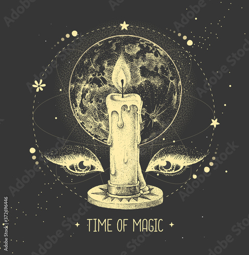 Modern magic witchcraft taros card with full moon and burning candle on astrology background. Vector illustration