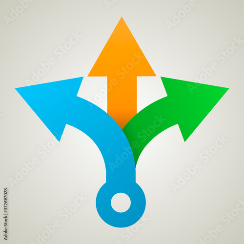 Three way direction arrows. Simple color triple arrow heads sign.