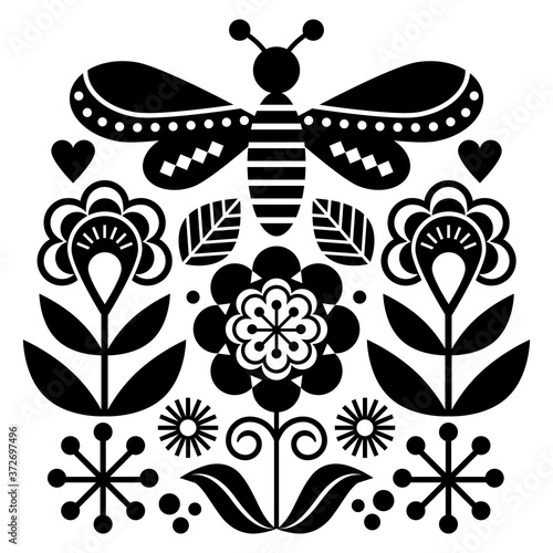 Scandinavian folk art style flowers and insect vector design, cute graden floral pattern with fly inspired by traditional embroidery from Sweden, Norway and Denmark in black and white
