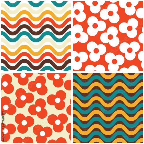 Vector seamless mid-century modern pattern set- 60s and 70s style, geometric retro design with flowers and waves