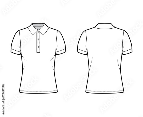 Polo shirt technical fashion illustration with cotton-jersey short sleeves, oversized, buttons along the front. Flat outwear apparel template front, back, white color. Women men unisex top CAD mockup