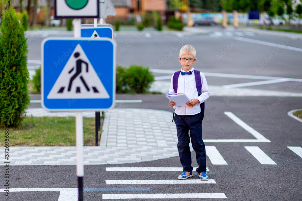 a blond schoolboy with glasses and a backpack goes to school on a pedestrian crosswalk. Day of knowledge a blond schoolboy with glasses and a backpack goes to school on a pedestrian crosswalk. Day of knowledge