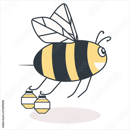 A bee with honey flies to the hive. Vector illustration in flat style