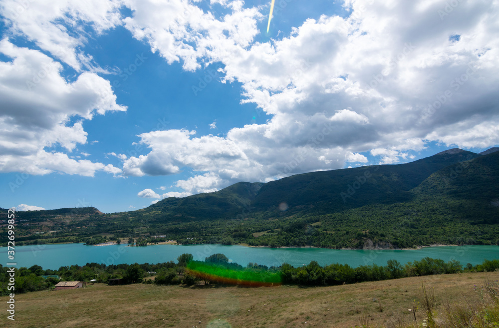 Obraz premium Beautiful view of Barrea lake, province of L'Aquila in the Abruzzo Italy. Excursion in Abruzzo.