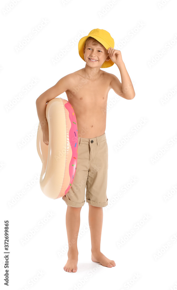 Cute little boy with inflatable ring on white background Cute little boy with inflatable ring on white background