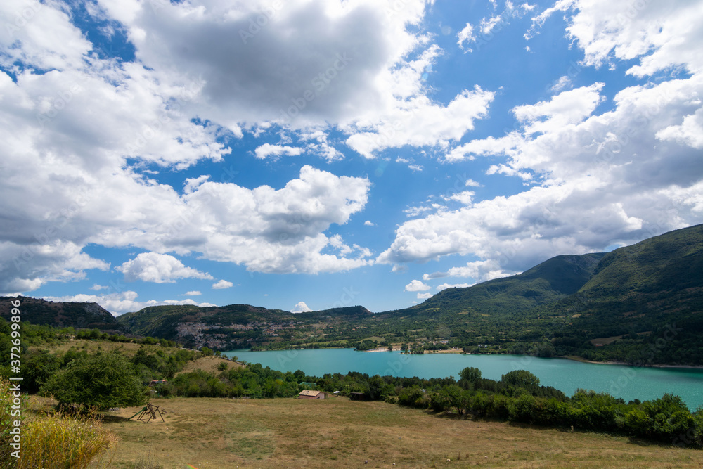 Beautiful view of Barrea lake, province of L'Aquila in the Abruzzo Italy. Excursion in Abruzzo.