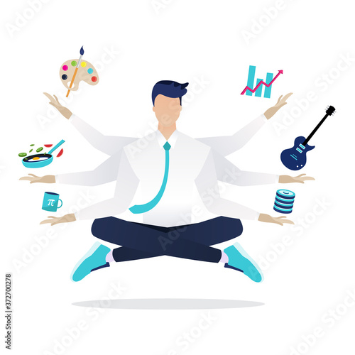 Multitalented and Multitasking Entrepreneur. He is posing yoga with various skill icons that he can
