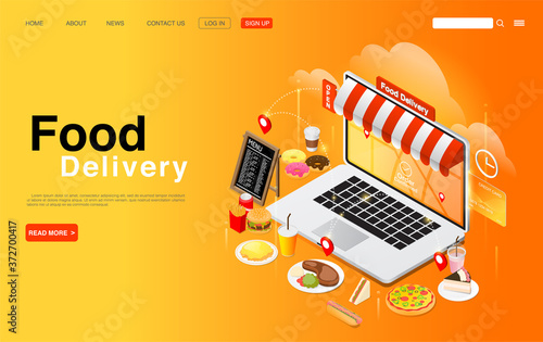 Ordering Food Online on Laptop. Online Food Delivery Concept. Landing Page Template. Vector EPS 10
