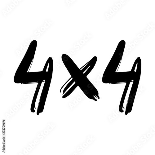 4x4 icon. Off-road emblem. Black ink silhouette. Vector flat graphic hand drawn illustration. The isolated object on a white background. Isolate.