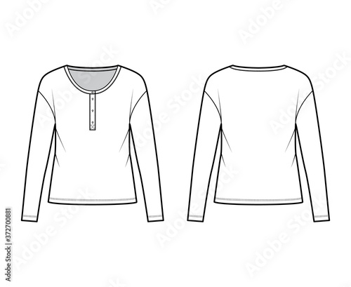 Classic men's style cotton-jersey top technical fashion illustration with long sleeves, scoop henley neckline. Flat outwear apparel shirt template front back white color. Women, men, unisex CAD mockup