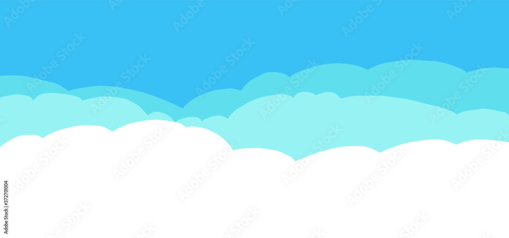 Heavenly blue colored sky and cloud background. Vector drawing clouds sign. Funny cartoon Cloudy heaven cloudscape. Air stroke border pattern. Panorama signs.