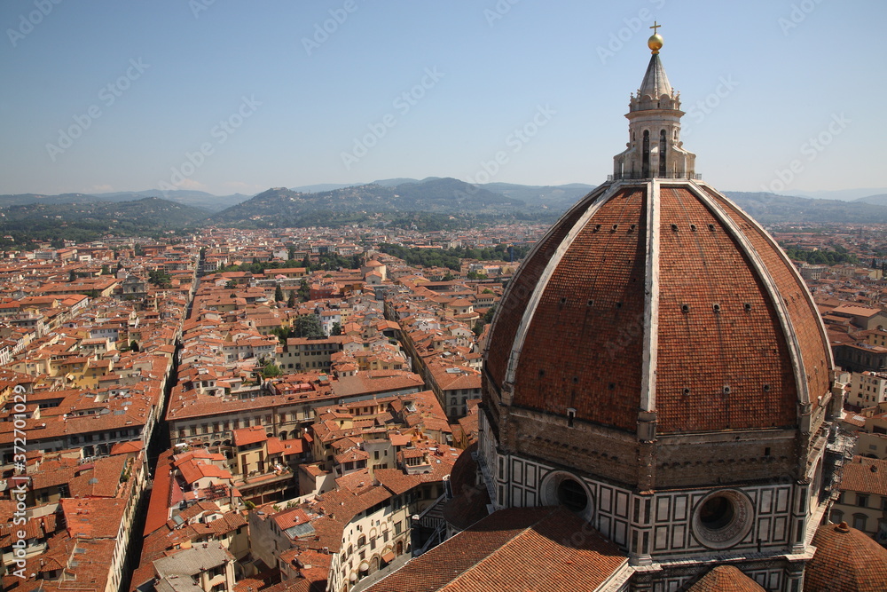 Aerial View of Florence city with top of Florence Duomo  in Florence, Italy