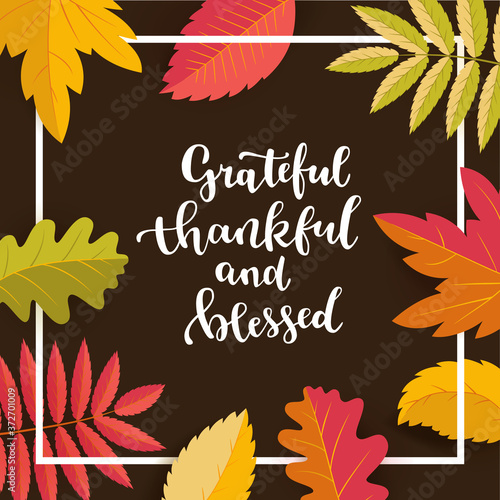 Grateful, thankful and blessed. Thanksgiving quote. Fall modern calligraphic hand drawn artistic greeting card. Autumn artwork, print in vector