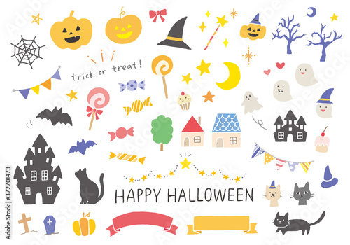 ハロウィンの手描きイラストセット（カラー）