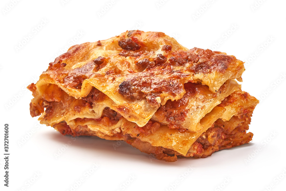 Lasagna, Traditional homemade italian dish, isolated on white background Lasagna, Traditional homemade italian dish, isolated on white background