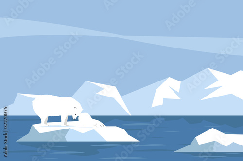 North pole Arctic landscape with Polar bear and cub
