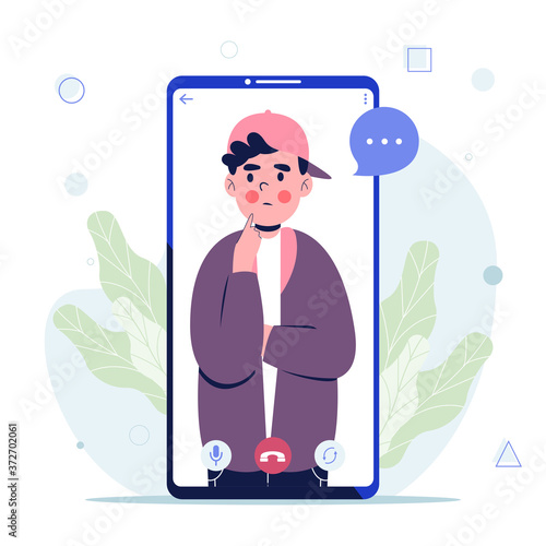 Social smartphone with man thinking in video call concept. Flat design vector illustration
