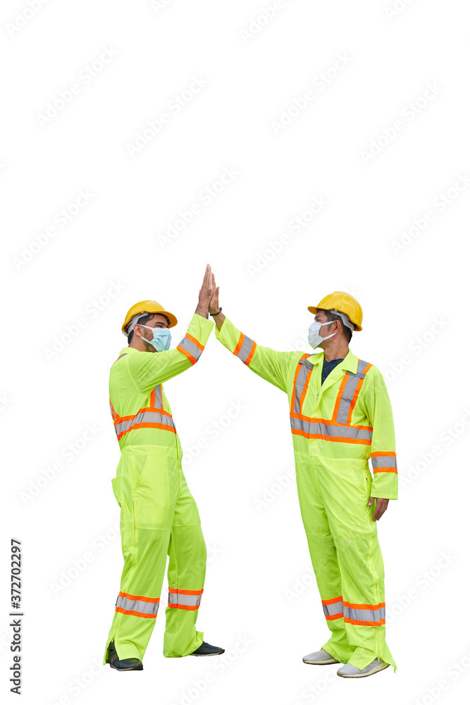 two foreman ware face mask touch hand for hello on isolate background with selective path