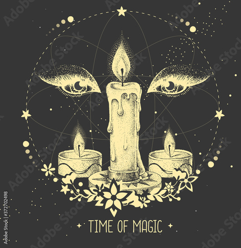Modern magic witchcraft taros card with eyes and burning candles on astrology background. Vector illustration