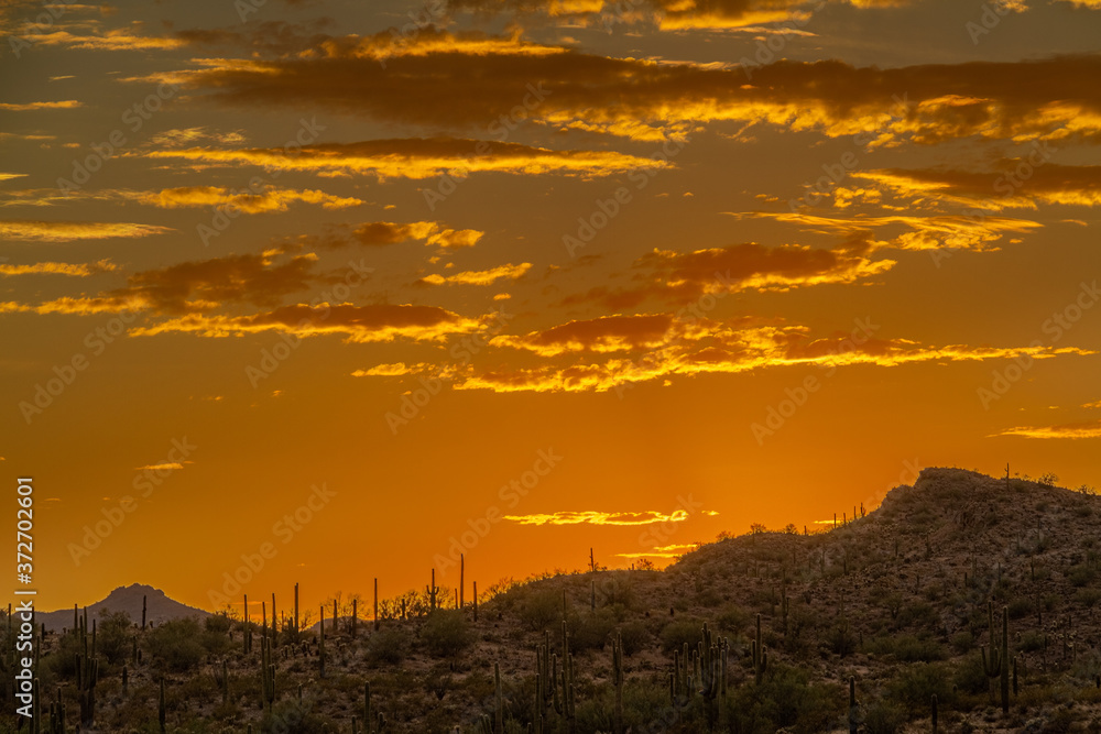 Sunset over a mountain landscape in the Sonoran Desert of Arizona