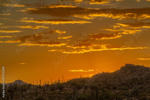 Sunset over a mountain landscape in the Sonoran Desert of Arizona