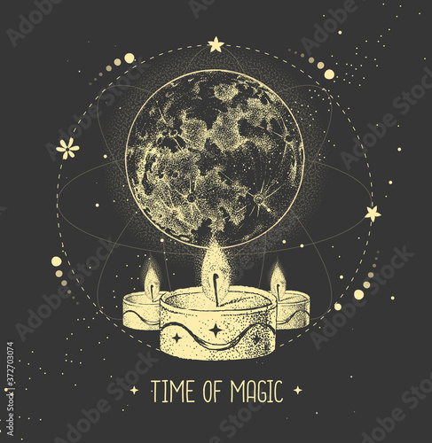 Modern magic witchcraft taros card with full moon and burning candles on astrology background. Vector illustration