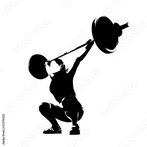 Weight lifter woman, abstract isolated vector silhouette. Strong people