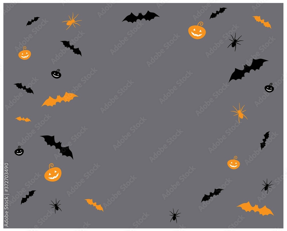 Big and small pumpkin spiders and bats on a gray background