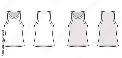 Cotton-jersey tank technical fashion illustration with relaxed fit, wide scoop neckline, sleeveless. Flat outwear cami apparel template front, back white grey color. Women men unisex shirt top mockup