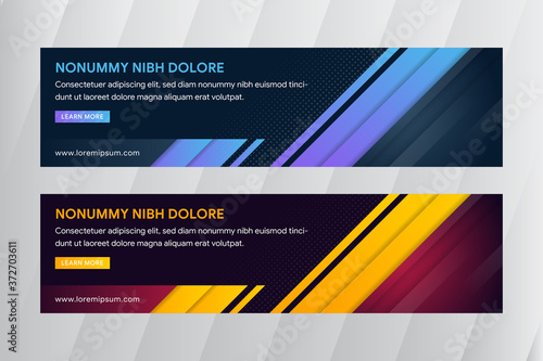 Abstract banner design web template Set, Horizontal header banner. Modern Geometric diagonal blue, yellow and red gradient cover background for website design, Social Media Cover ads banner, flyer