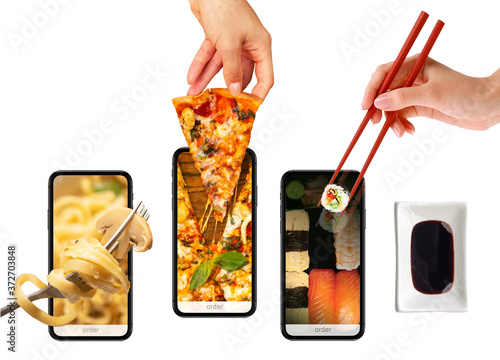 Order and deliver food online. Pizza, pasta, sushi. Eat from your smartphone. Gadget on white background