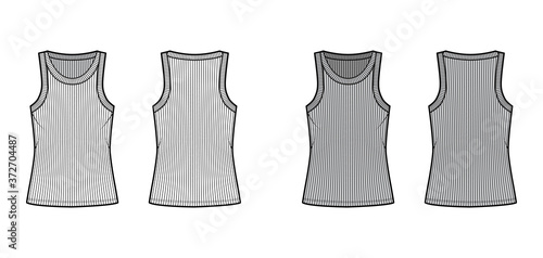 Ribbed cotton-jersey tank technical fashion illustration with wide scoop neck, relax fit knit, tunic length. Flat camisole apparel template front back white grey color. Women men unisex shirt top CAD