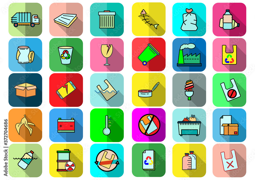 Set of Garbage Related Vector icons.Trash, Plastic,Aluminium Can, Pollution,Vector concept Organic Waste icons and  Recycle Plant concept.