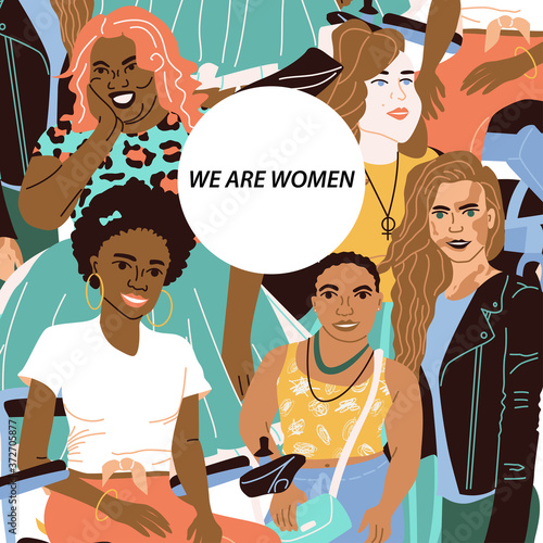 Card of lovely women with natural beauty, different shapes, height and skin color. Different women in flat style. People with skin problems, people in a wheelchair, dwarfism, and different complexions